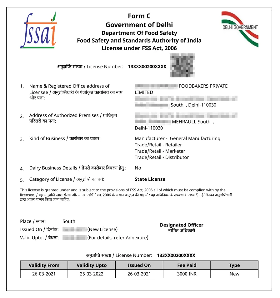 FSSAI Centeral license sample certificate